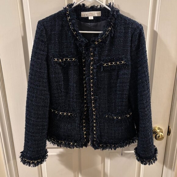 Boston Proper Parisian Navy Blue Shimmer Tweed with Gold Chain Trim Jacket 12 - Picture 4 of 9